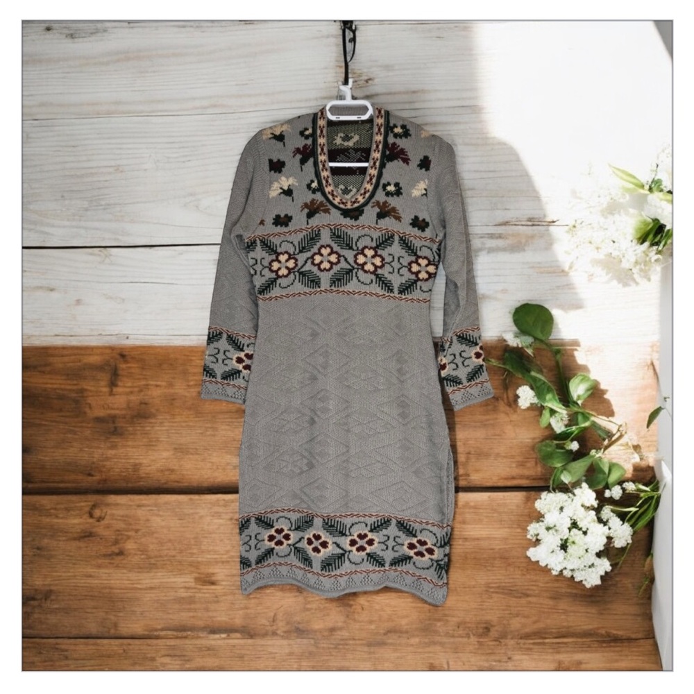 VTG Floral Sage Knit Sweater Dress Garden Cottage core Spring Boho Sz M -EUC 🌺